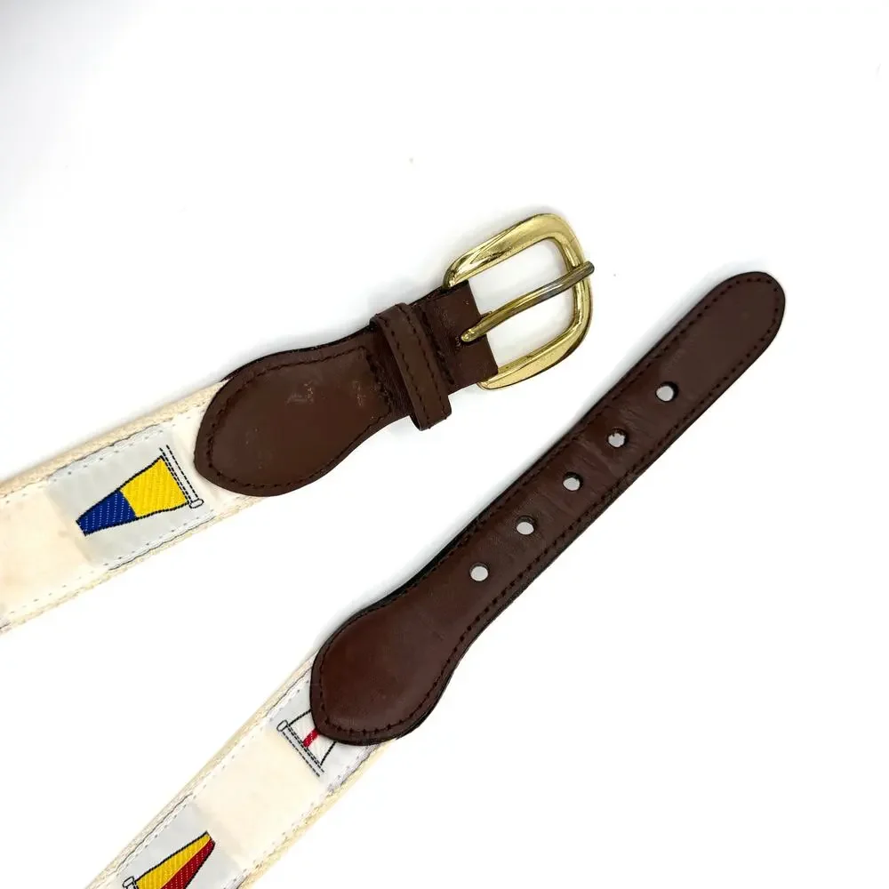 Vintage 90s White Woven Nautical Signal Flag Canvas Leather Trim Belt